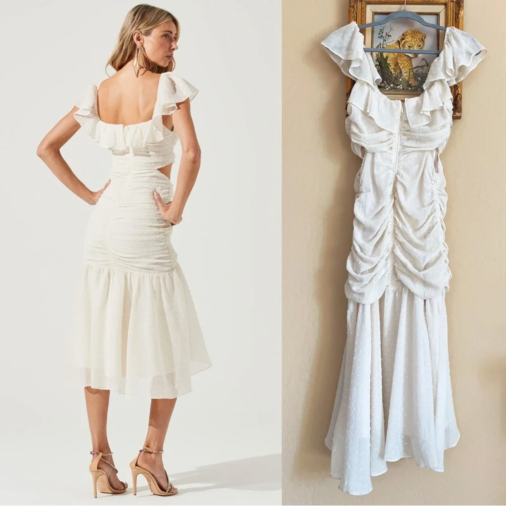 ASTR Ivory Cream Off White Swiss Dot Textured Ruched Ruffle Cut Out Midi Dress - Picture 5 of 17